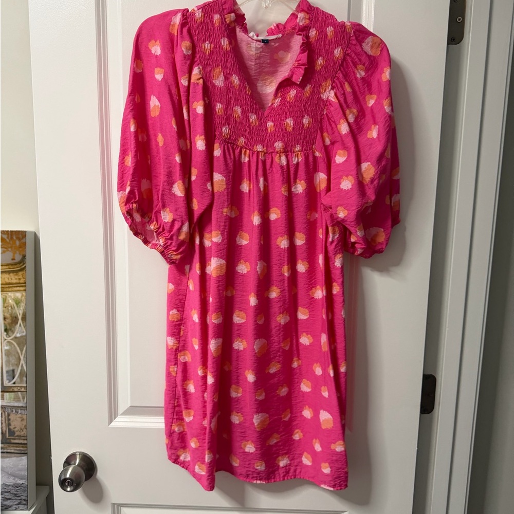 Bright Pink Smocked V-Neck Puff Sleeve Dress with Abstract Spots